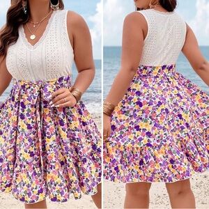 SHEIN SunnyBelle Plus Floral Print Contrast Lace Belted Dress Sz 2XL